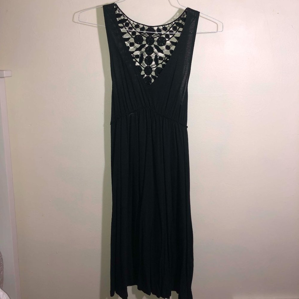 Mid Length Black Floral Lace Cotton Dress